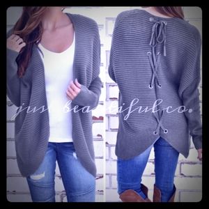 Gray Knit Lace Up Cardigan